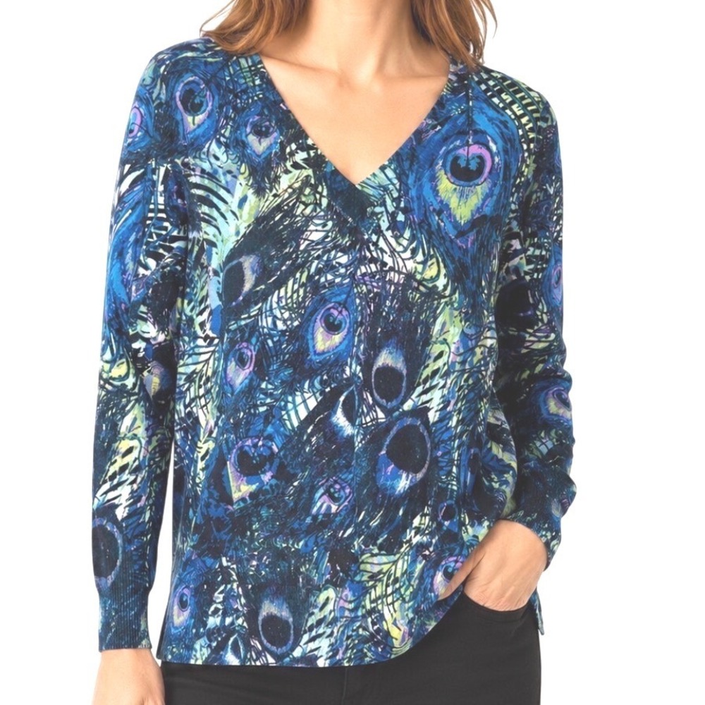 Lane Bryant Peacock Feather Print V-Neck Long Sleeve Sweater Top Plus Size 22/24